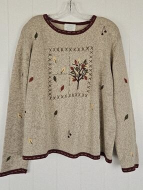 Vintage Christopher Banks Fall Sweater Womens XL Hand Embriodered Leaves Trees